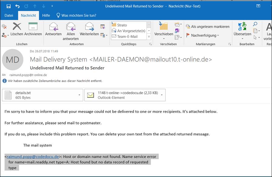 Email Undelivered Mail Returned to Sender Fehlermeldung A Host found but no...